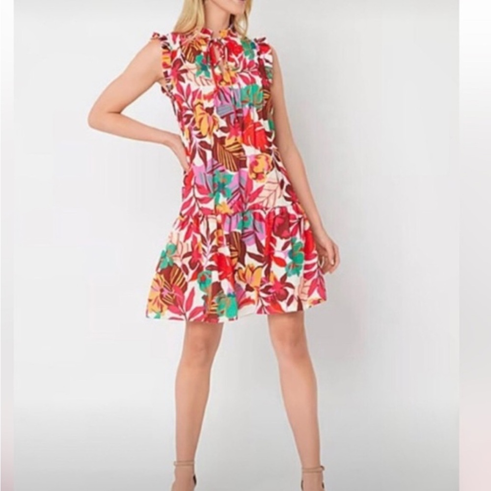 Maia Tropical‎ Red Floral Ruffle Babydoll Dress